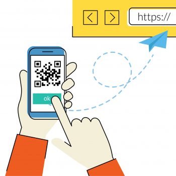 Flat contour illustration of man is scanning QR code via smartphone app then following the link to the webpage